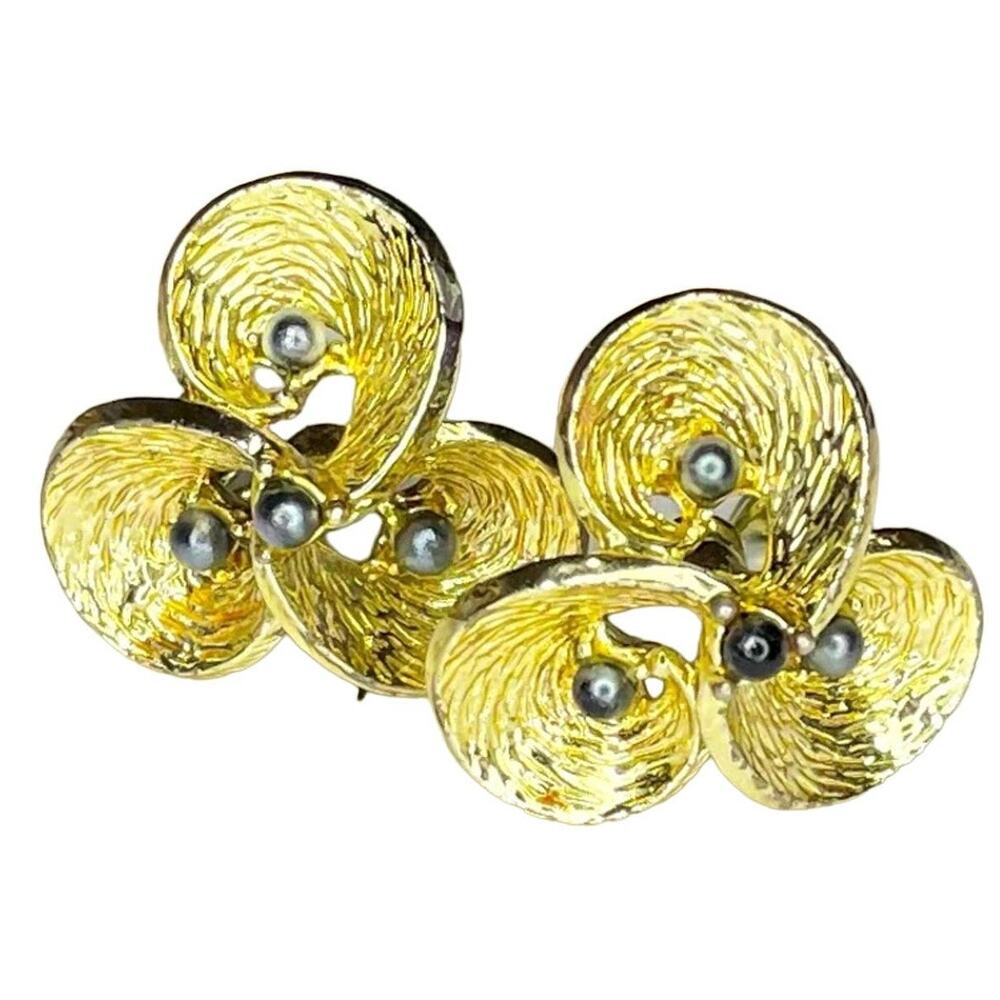 Vintage Emmons Clip On Earrings Pair Signed Gold Tone Costume Jewelry Faux Pearl